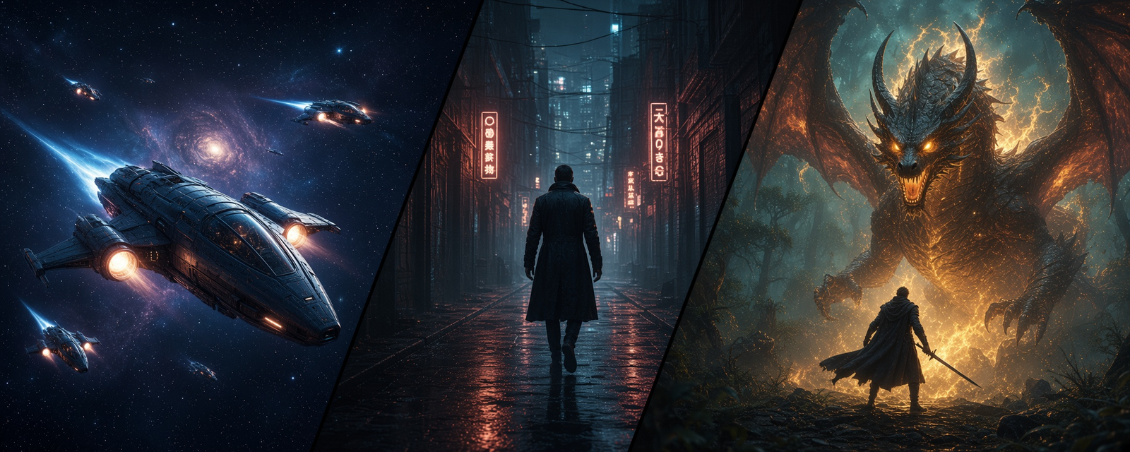 Three panels: spacecraft in deep space, a lone figure on a rainy city street, and a dragon facing a swordsman.